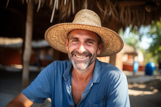 Homem sorridente, usando um chapéu de palha