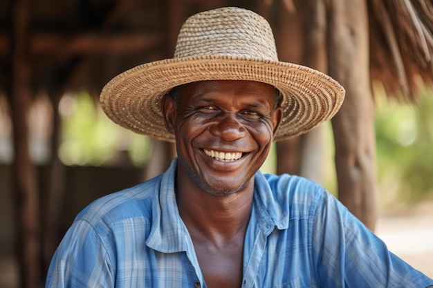 Homem sorridente, usando um chapéu de palha