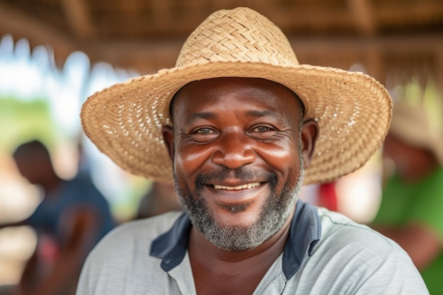 Homem sorridente, usando um chapéu de palha