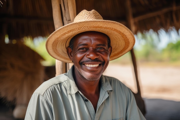 Homem sorridente, usando um chapéu de palha