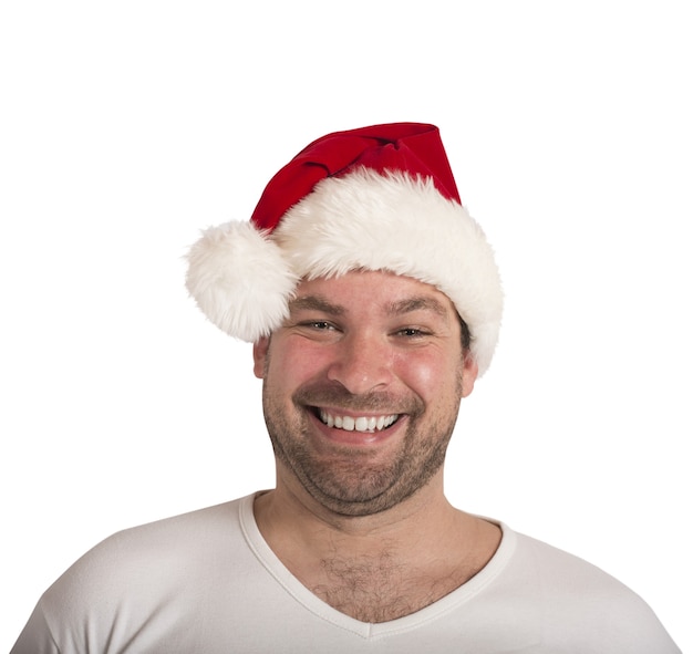 Homem sorrindo com chapéu de papai noel