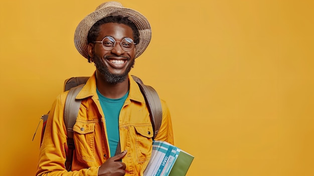 Homem sorrindo contra um fundo amarelo com bilhetes de passaporte e bolsa Generative Ai