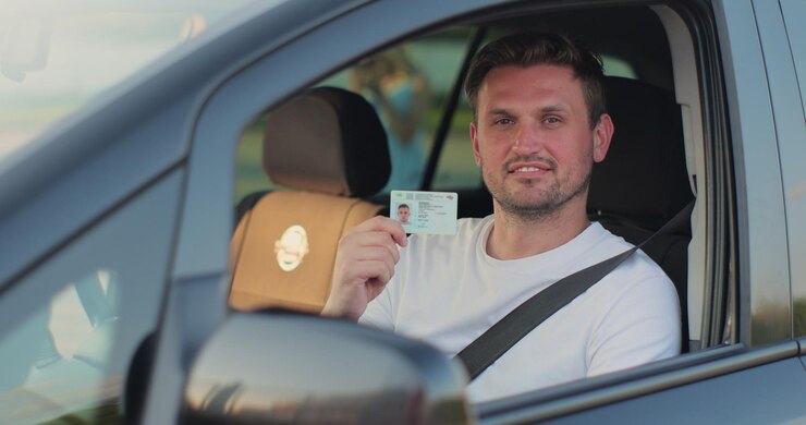 Foto homem sorrindo e segurando carteira de motorista digital homem passou com sucesso no teste da escola de condução homem com carteira de motorista exame de cursos de motorista e conceito de pessoas