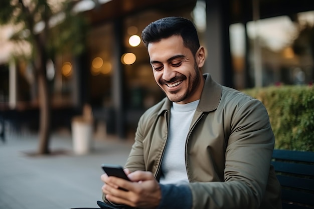 Homem sorrindo e usando celular para pagamento online