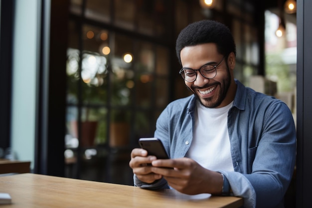 Foto homem sorrindo e usando celular para pagamento online