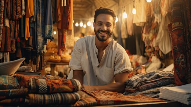 Homem sorrindo em uma loja de roupas com uma ampla variedade de opções de roupas Eid