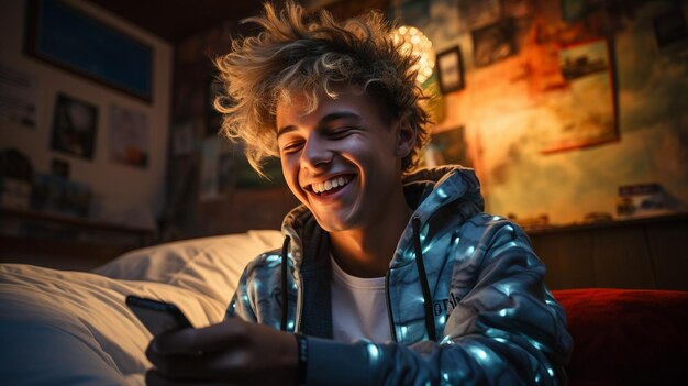 Foto homem sorrindo enquanto olha para o smartphone