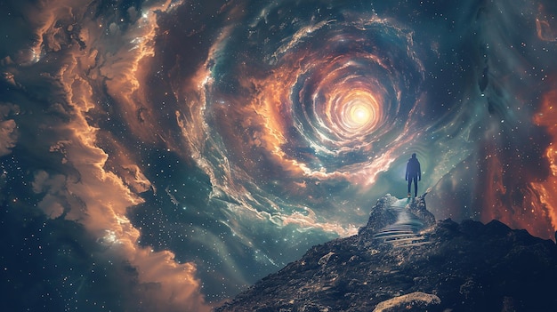 Homem subindo uma escada em espiral em uma galáxia Generative Ai