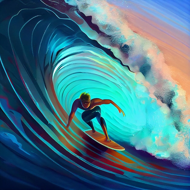 Homem surfando uma onda em cima de uma prancha de surf generativa ai