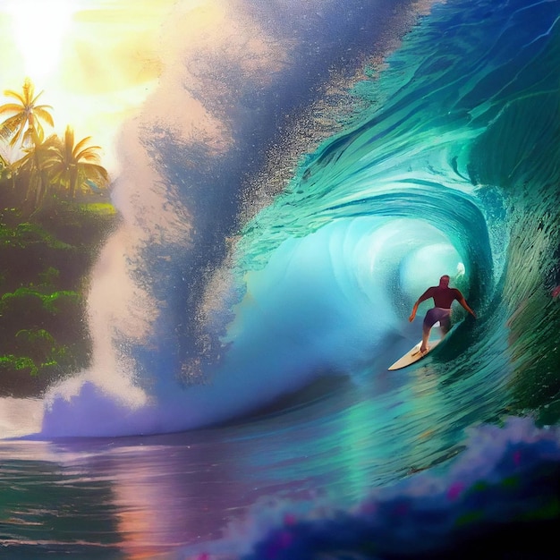 Homem surfando uma onda em cima de uma prancha de surf generativa ai