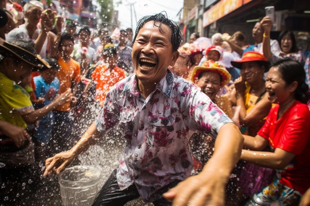 Foto homem tailandês jogando água no festival de songkran fundo de estilo bokeh