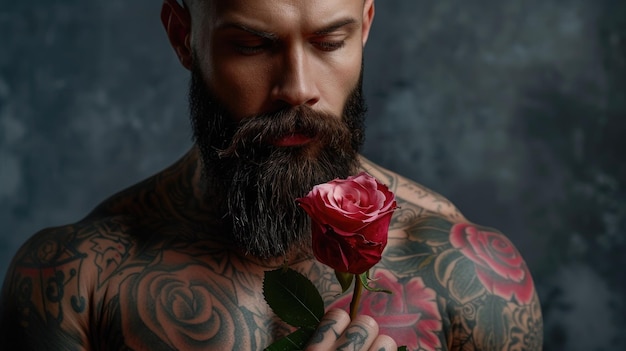 Homem tatuado segurando contemplativamente uma única rosa