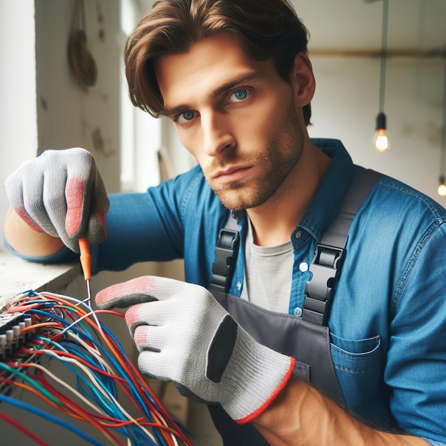 Homem técnico elétrico cara louca dia do trabalho