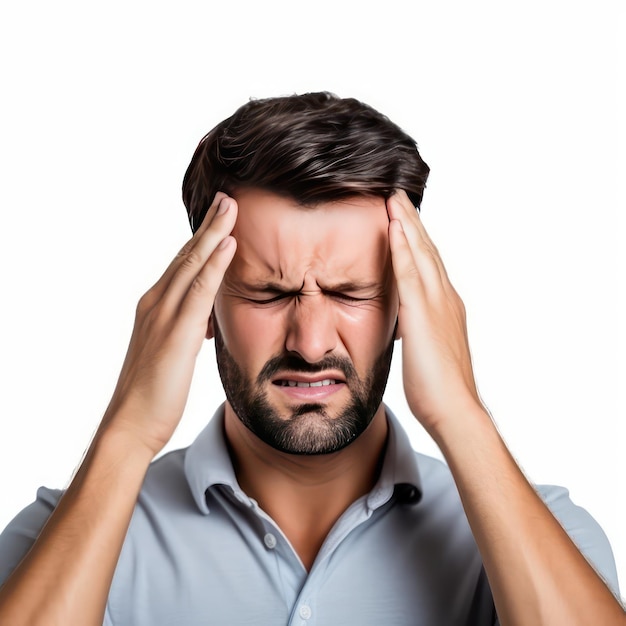 Foto homem tendo dor de cabeça isolado fundo branco