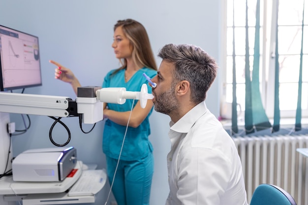 Homem testando a função respiratória por espirometria Diagnóstico da função respiratória na doença pulmonar