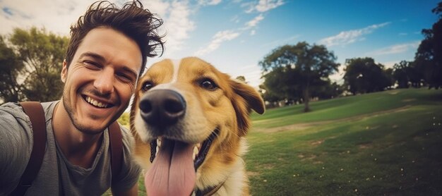 Foto homem tira selfie com cão no parque ai generativa