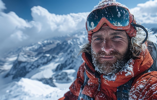 Homem tira selfie no topo da montanha com neve e céu azul atrás dele Retrato de selfie de um alpinista no topo do Everest