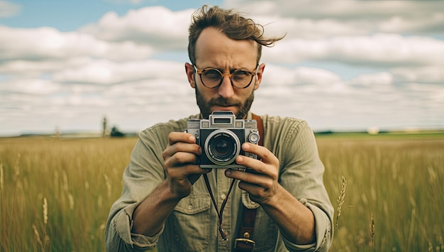 Homem tirando foto com câmera vintage em um campo