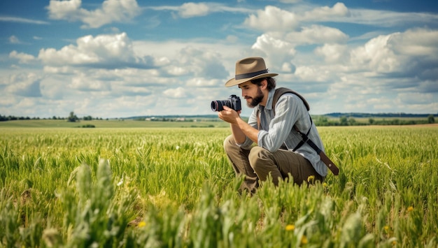 Homem tirando foto com câmera vintage em um campo