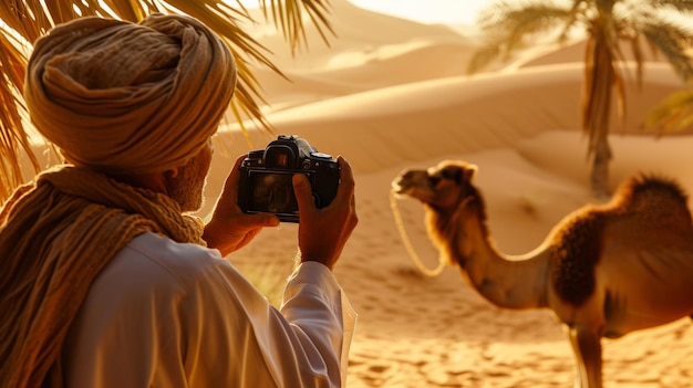 Foto homem tirando foto de um camelo no deserto