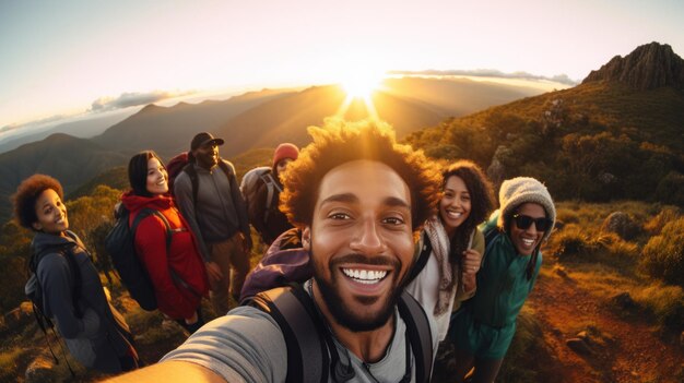 homem tirando selfie contra o pôr do sol ao nascer do sol ao ar livre e grupo de caminhadas