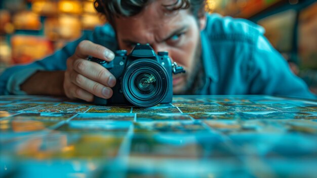 Foto homem tirando uma foto com uma câmera