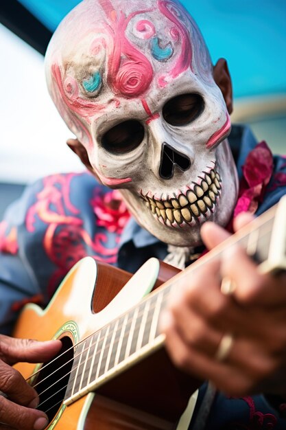 Homem toca violão no Dia dos Mortos México Generative AI