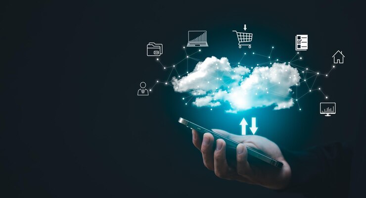 Homem tocando conectar-se a informações de dados na tecnologia de computação em nuvem Conceito de rede de armazenamento na Internet E um grande banco de dados big data Através da tecnologia da internet Compartilhamento de nuvem download e upload