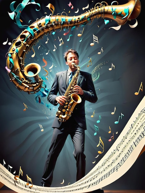 Foto homem tocando um saxofone com notas voando para fora dele o tema do dia mundial da música