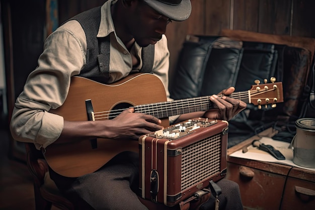 Homem tocando violão acústico na sala de estar Generative Ai