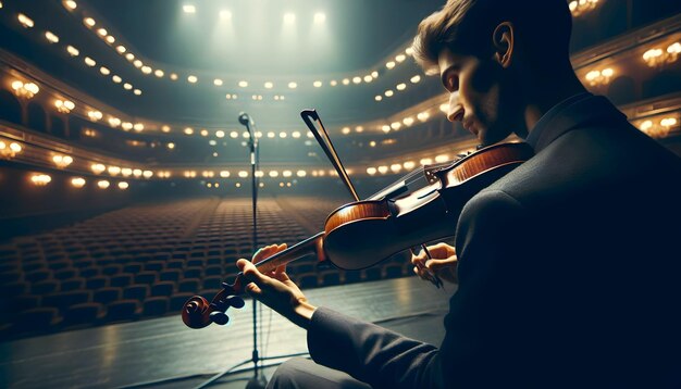 Foto homem tocando violino em uma sala de concertos vazia