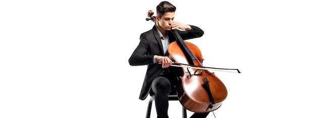 Homem tocando violoncelo em fundo branco