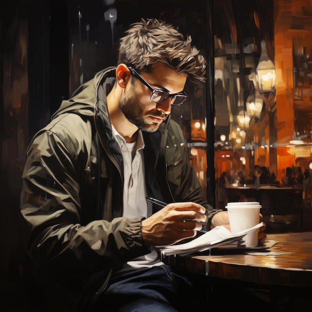Homem tomando café e verificando e-mails no smartphone