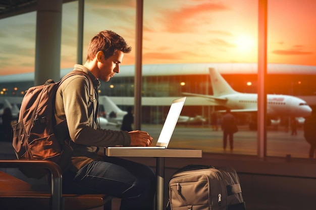 Foto homem trabalha no aeroporto enquanto espera seu avião o conceito de trabalho remoto