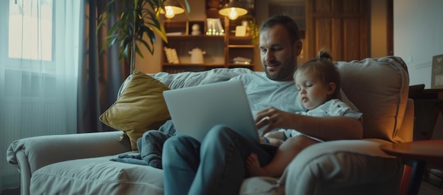 Homem trabalhando com laptop família em segundo plano ia generativa