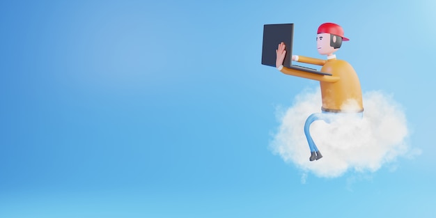 Homem trabalhando com laptop sentado na nuvem