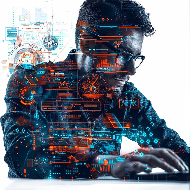 Foto homem trabalhando em computador fundo transparente elementos de ia escema de cores azul-alaranjado vibrante web