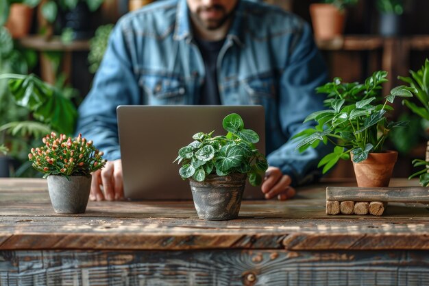 Foto homem trabalhando em laptop cercado de plantas em vaso