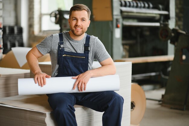 Homem trabalhando em uma gráfica com papel e tintas