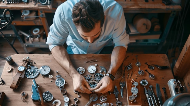 Homem trabalhando em uma mesa de madeira com ferramentas