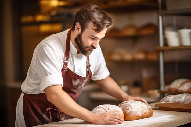 Homem trabalhando em uma padaria fazendo pão