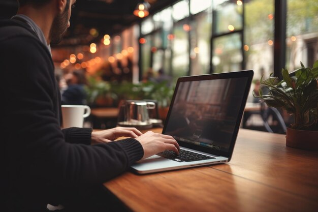 Homem trabalhando no café usando laptop digitando no teclado Generative AI