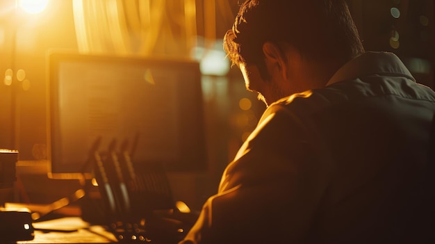 Homem trabalhando no computador em um cenário dramático quente conceito de trabalho relacionado à web