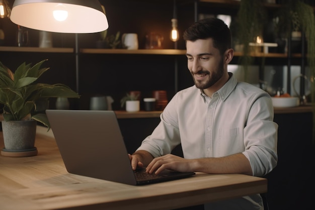 Foto homem trabalhando no laptop no escritório em casa