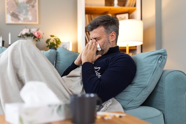 Foto homem triste e doente senta-se no sofá em casa sofre de secreção nasal, doença de gripe, pandemia de coronavírus, epidemia de covid, espirra, não se sente bem, sente-se mal, febre, vírus, sintomas de doença, dentro de casa.