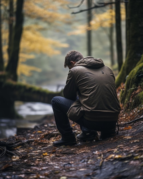 Foto homem triste sentado na beira de um riacho na floresta