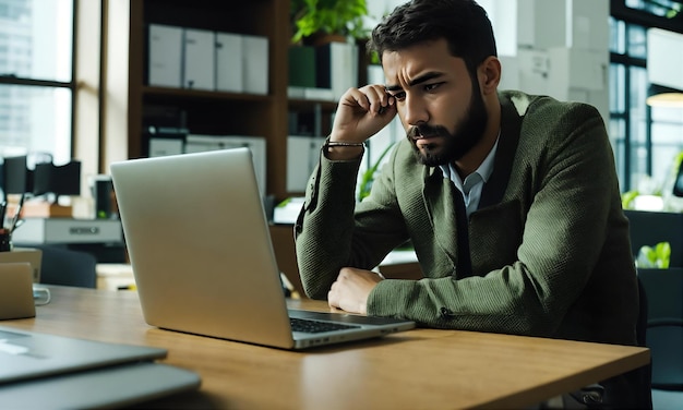 homem triste sentado no laptop no escritório