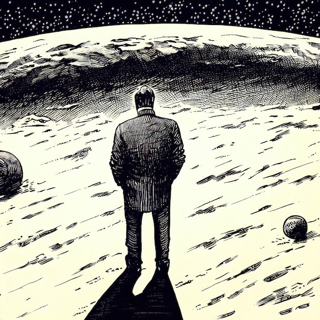 Homem triste solitário na lua desenho de lápis Ai gerado