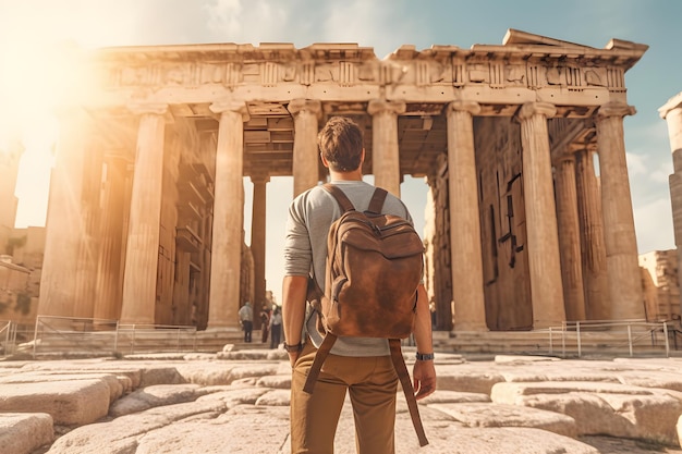 Homem turista com mochila em férias na fonte das Ruínas Antigas