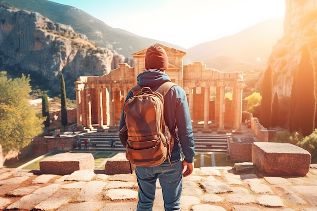 Homem turista com mochila em férias na fonte das Ruínas Antigas